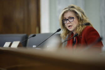 WASHINGTON, DC - DECEMBER 15: Sen. Marsha Blackburn (R-TN) participates in a Senate Commerce, Science, and Transportation Committee hearing on oversight of the airline industry, in the Russell Senate Office Building on Capitol Hill on December 15, 2021 in Washington, DC. The air transportation executives testified about the current state of the U.S. airline industry during the oversight hearing. (Photo by Chip Somodevilla/Getty Images)