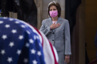 WASHINGTON, DC - APRIL 13: U.S. Rep. Vicky Hartzler (R-MO) pays her respects as the remains of Capitol Police Officer William Evans lie in honor in the Capitol Rotunda on April 13, 2021 in Washington, DC. Evans was killed and another wounded after a man rammed through security and crashed into a barrier at the complex, forcing it into lockdown less than three months after the mob insurrection at Congress. (Photo by Tom Williams-Pool/Getty Images)