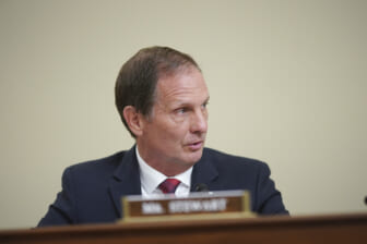 WASHINGTON, DC - APRIL 15: Rep. Chris Stewart (R-UT) wears a protective mask during a House Intelligence Committee hearing on April 15, 2021 in Washington, D.C. The hearing follows the release of an unclassified report by the intelligence community detailing the U.S. and its allies will face "a diverse array of threats" in the coming year, with aggression by Russia, China and Iran. (Photo by Al Drago-Pool/Getty Images)